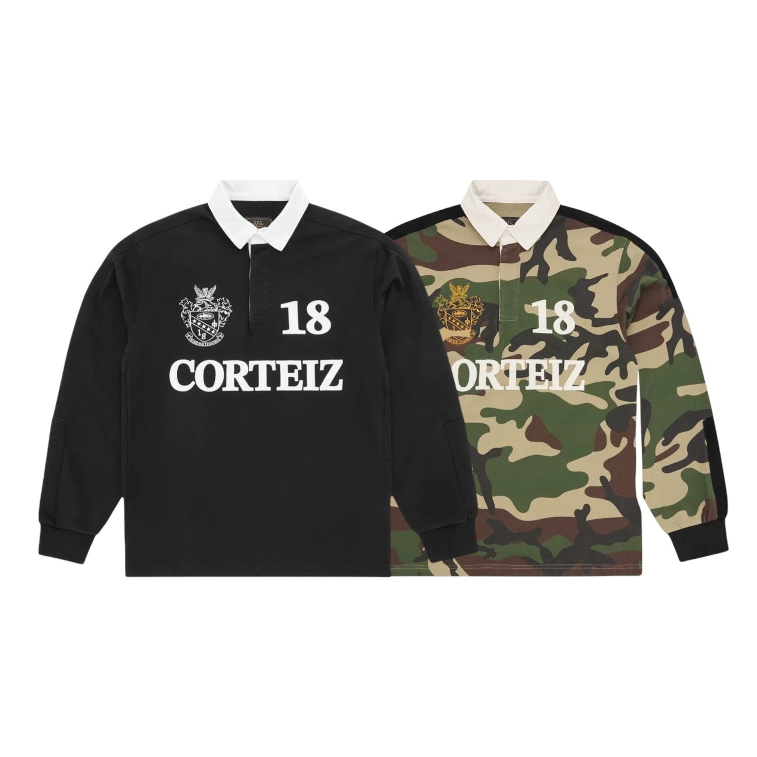 Corteiz Panelled Rugby Top Woodland Camo - Black
