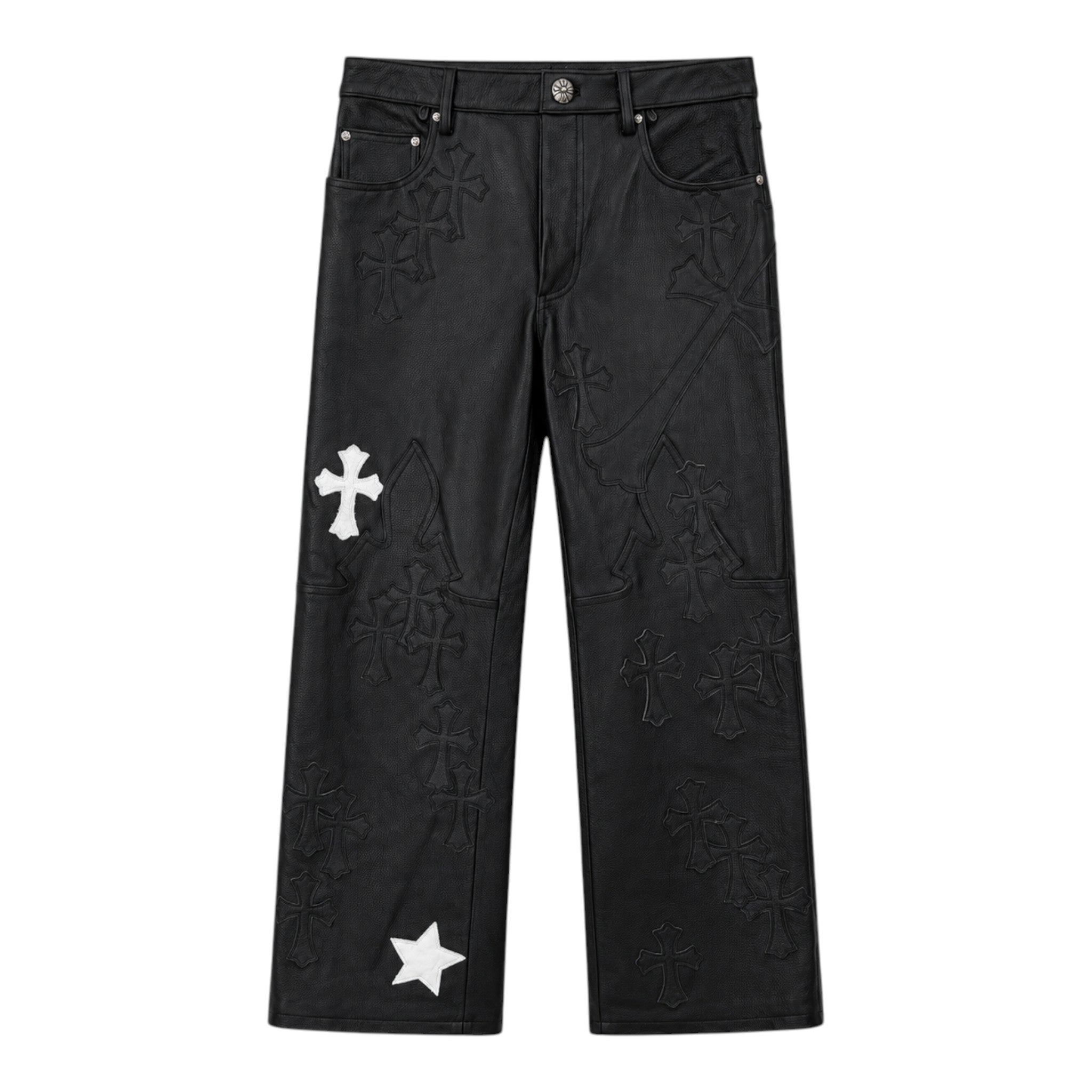 Chrome Hearts 48 Cross Star Patch Fleur Knee Leather Pants