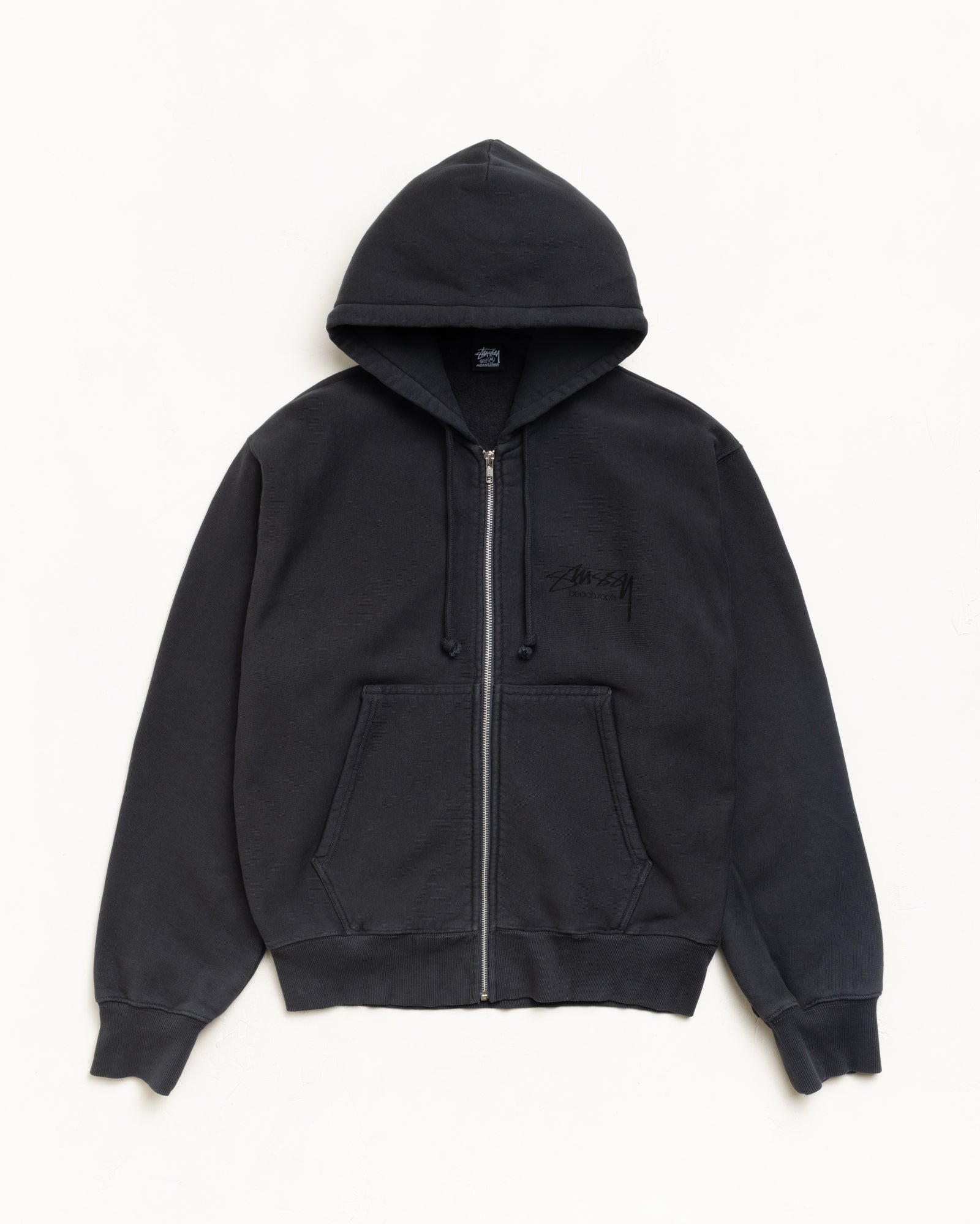 Stussy Unisex Beach Roots Zip Hoodie Garment Dyed Faded Black