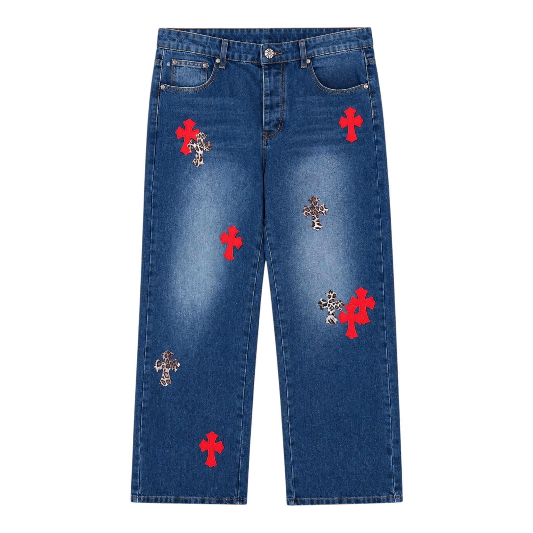 Chrome Hearts Blue, Red  & Leopard Cross Patch Jeans