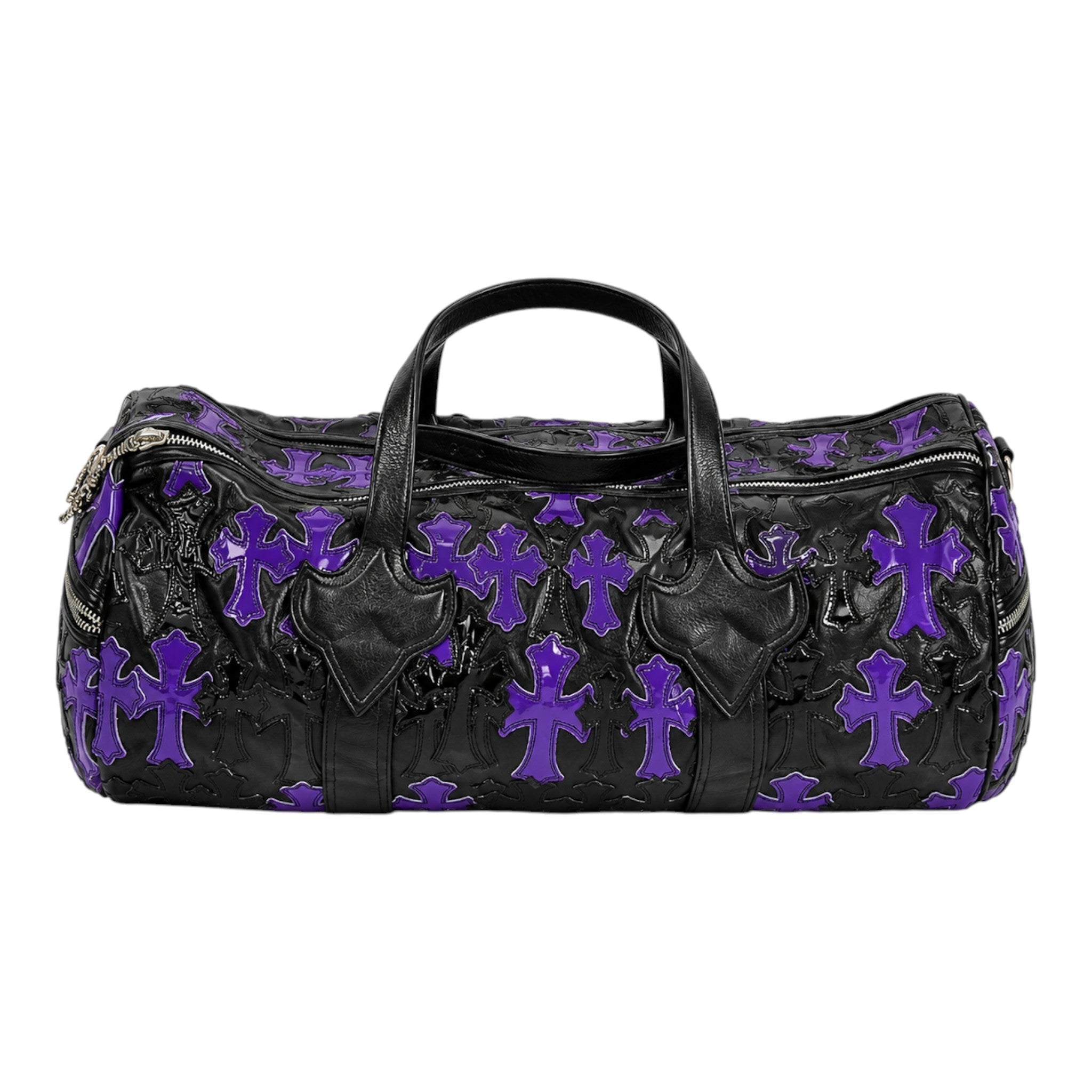 Chrome Hearts Black Leather Purple Cross Patch Duffle Bag