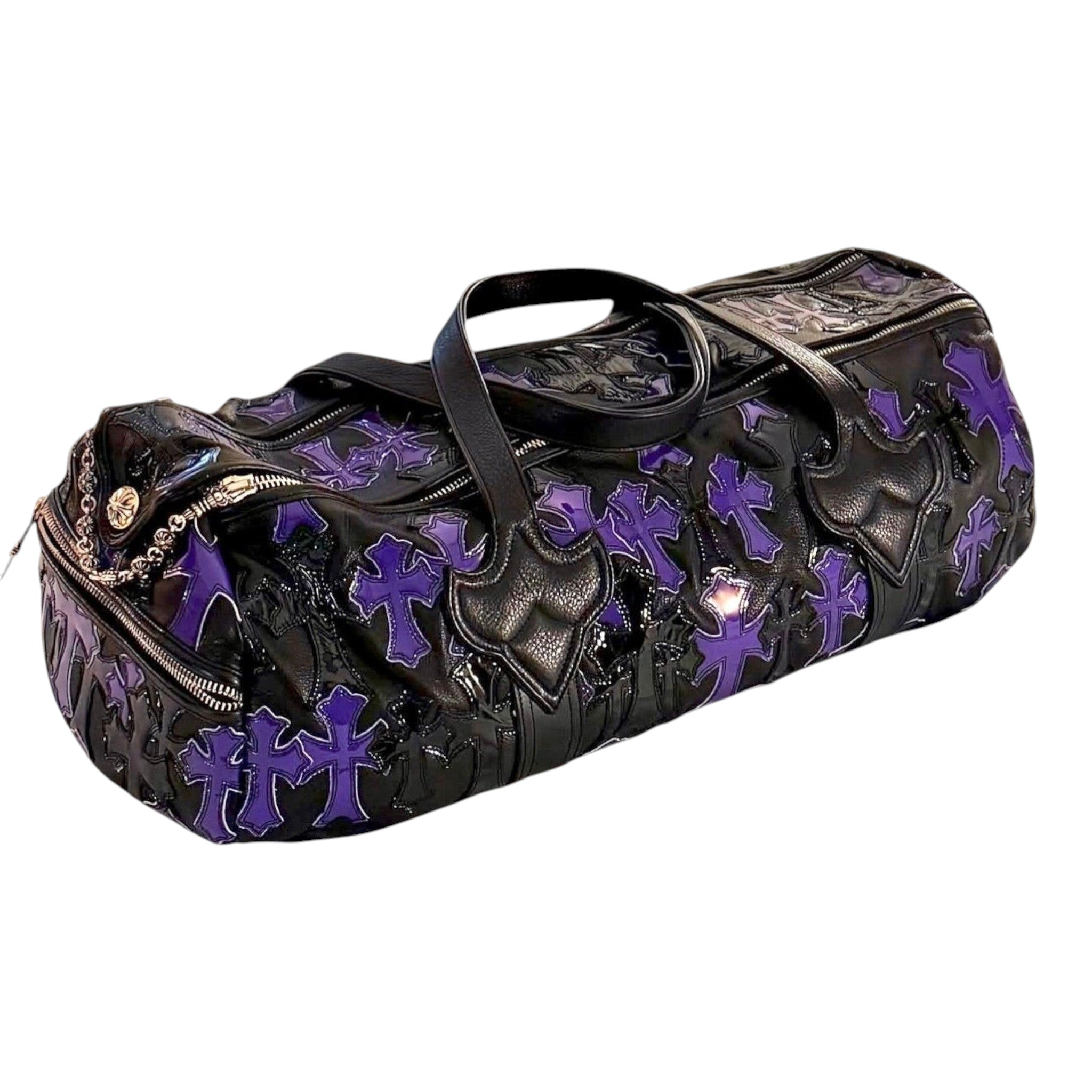Chrome Hearts Black Leather Purple Cross Patch Duffle Bag