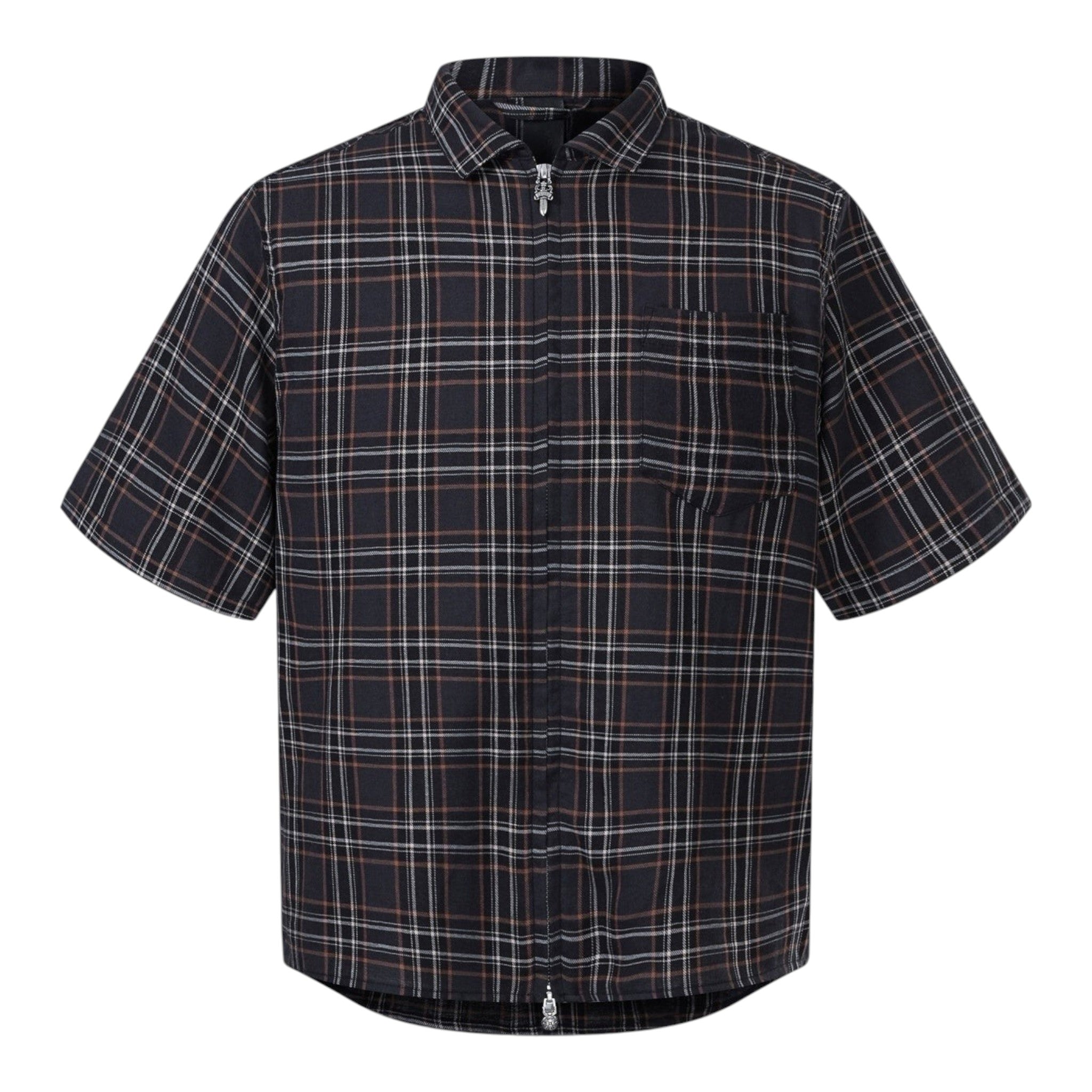 Chrome Hearts Tartan Sword Zipper Short-Sleeve Shirt