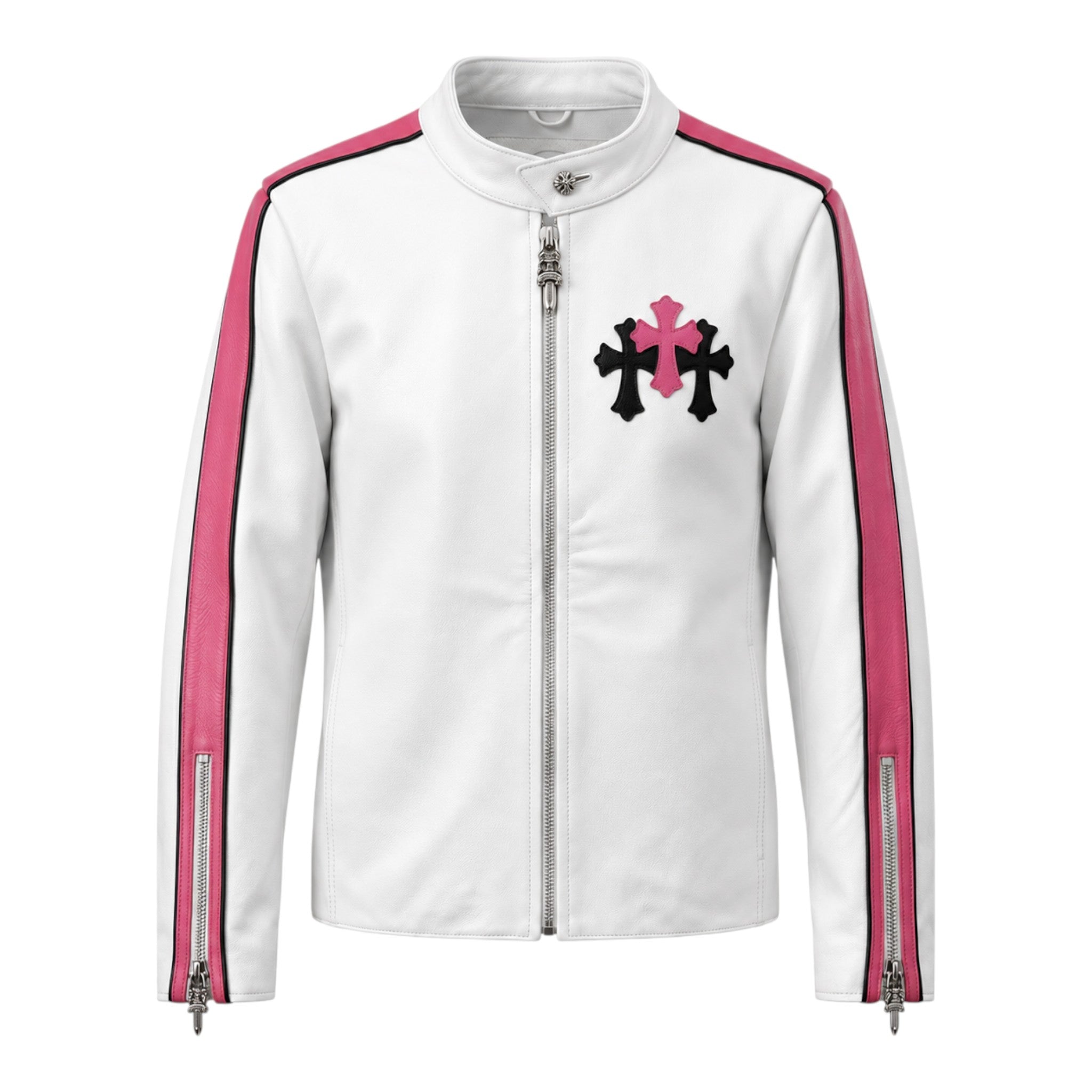 Chrome Hearts White & Pink Cross Leather Patch Single Riders Jacket